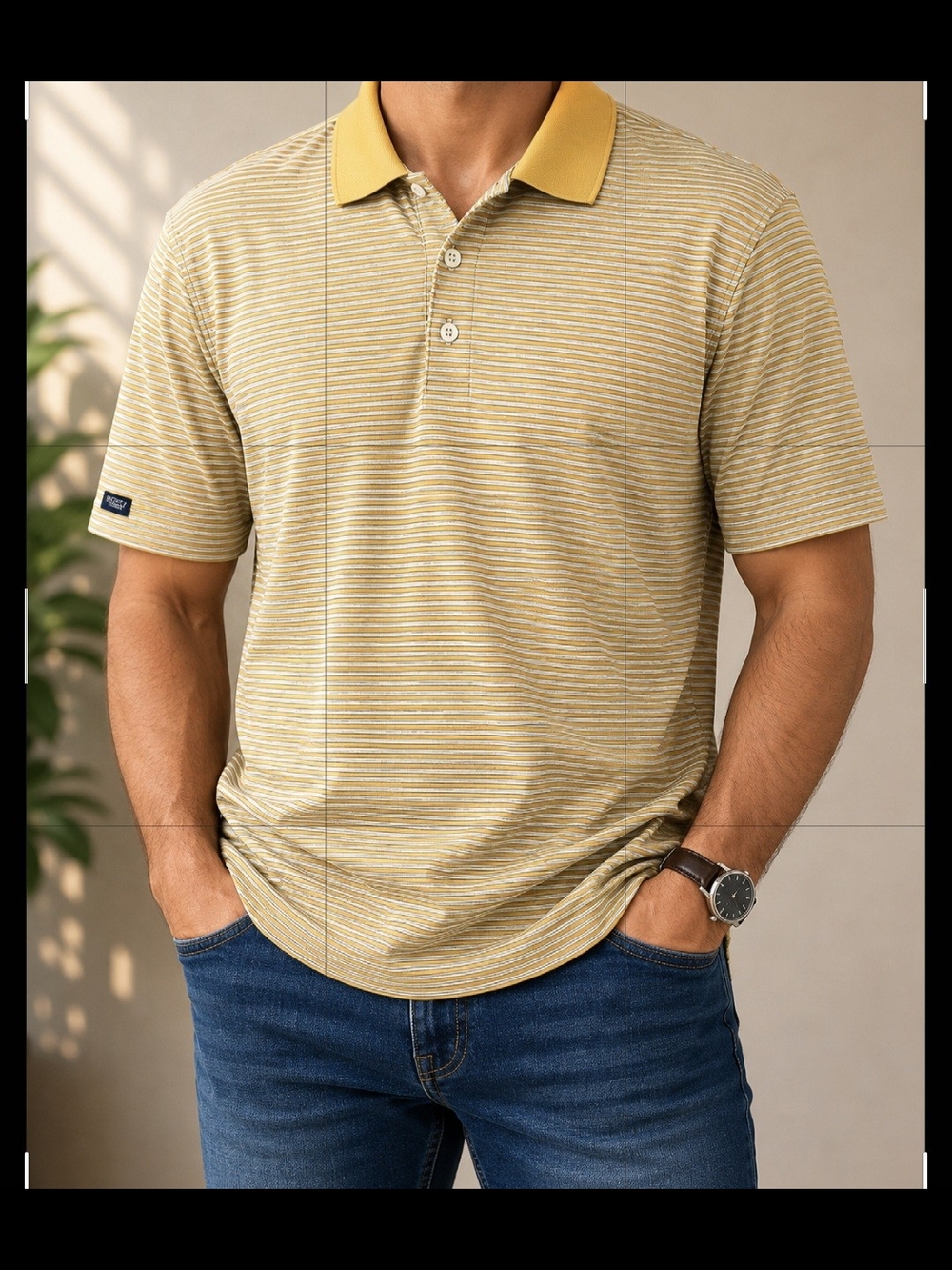 Straight Down Men's XL Polo Buttercream Yellow Striped